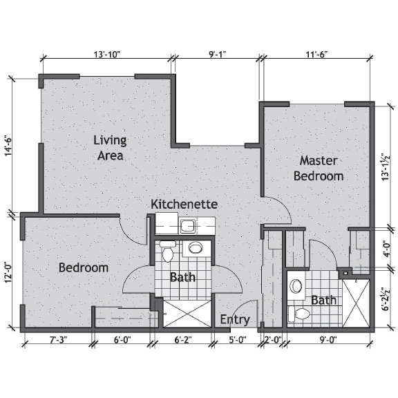 A floor plan showing the layout of an apartment with two bedrooms, a living area, kitchenette, and two bathrooms.