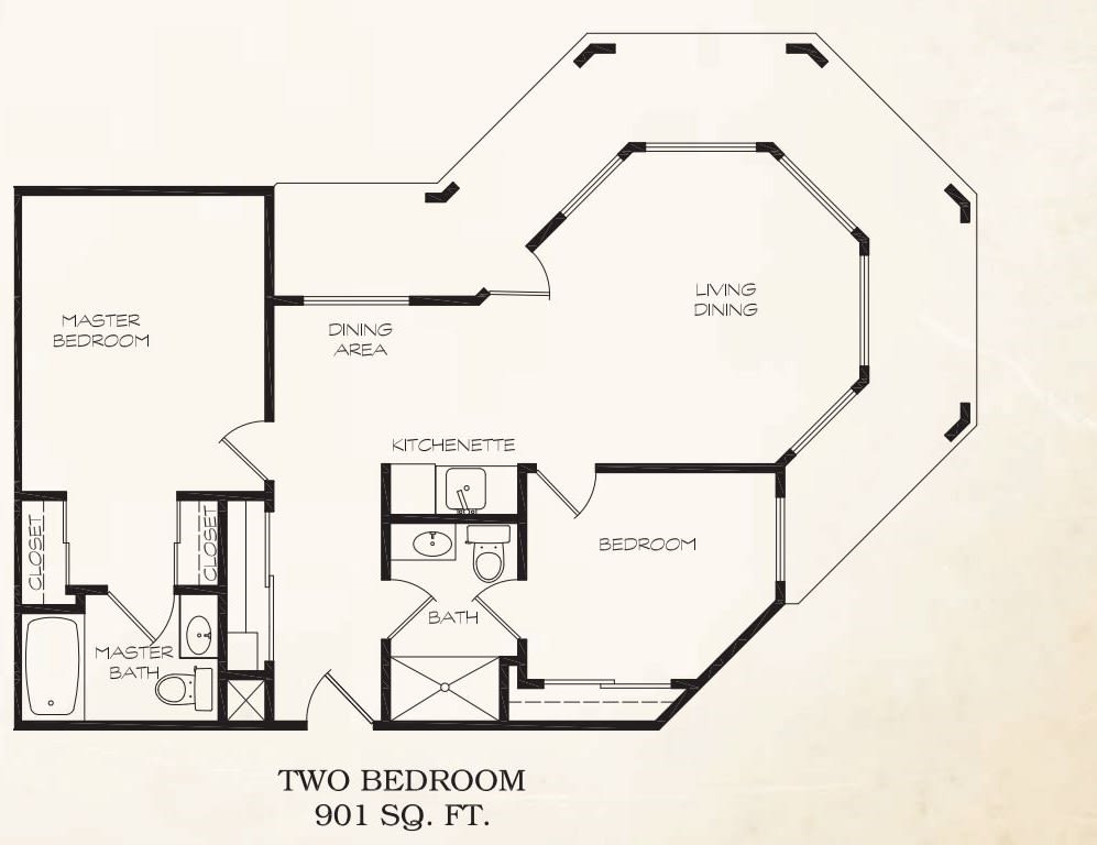A floor plan of a two-bedroom apartment with an area of 901 square feet.