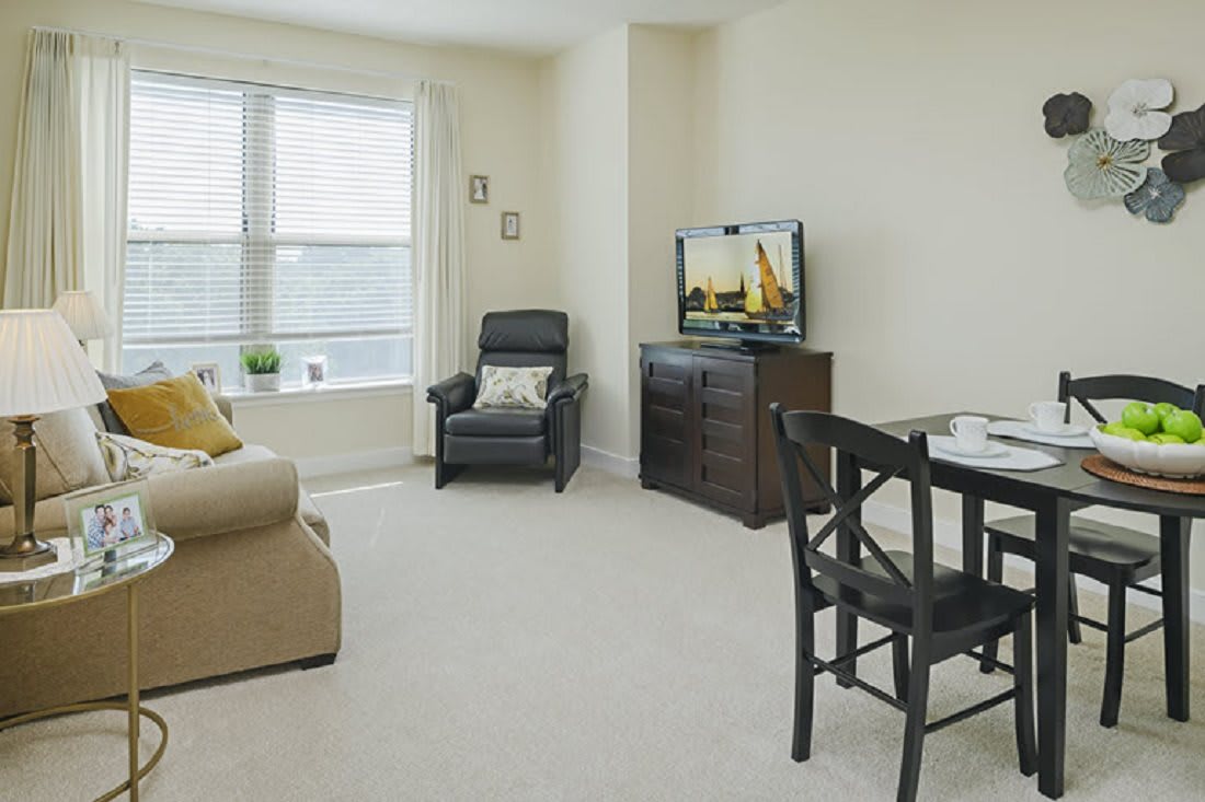 A cozy living room with a sofa, chair, television, and dining table.