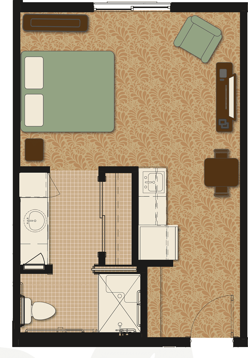 A floor plan depicting a compact apartment layout with designated areas for a bedroom, living room, and kitchen.