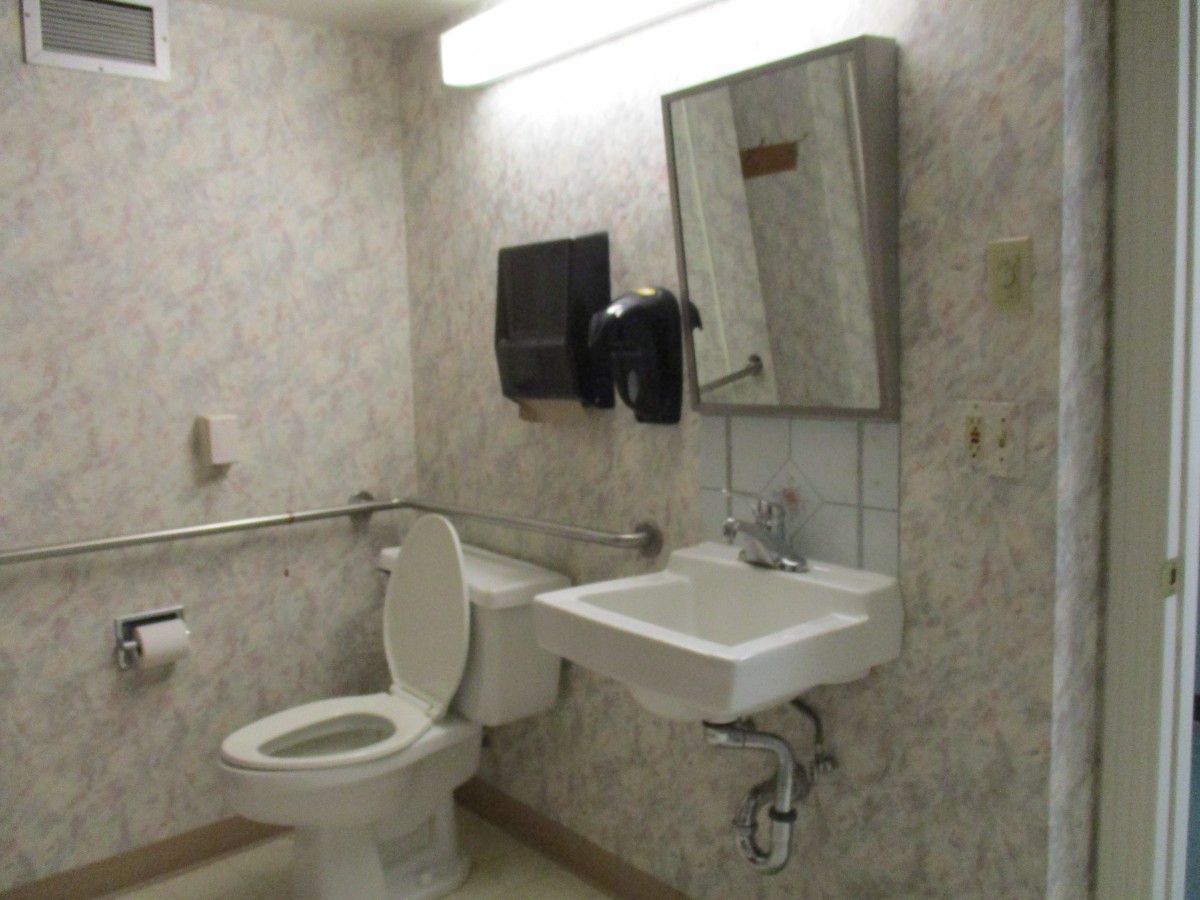 An accessible bathroom with a sink, toilet, and handrails.