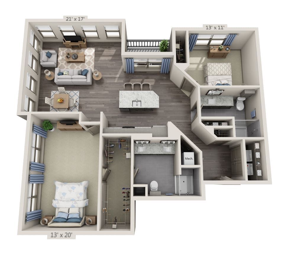 A 3D rendered floor plan of an apartment featuring one bedroom, a living room, kitchen, and bathroom.