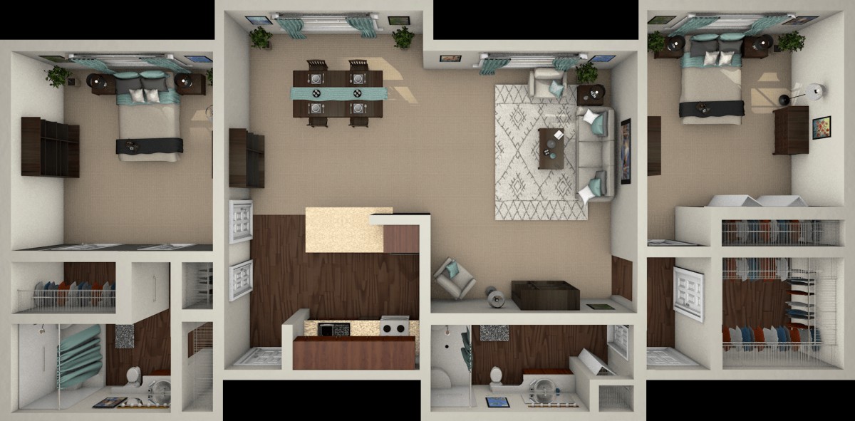 3D floor plan of an apartment featuring a living room, kitchen, dining area, and bathroom.