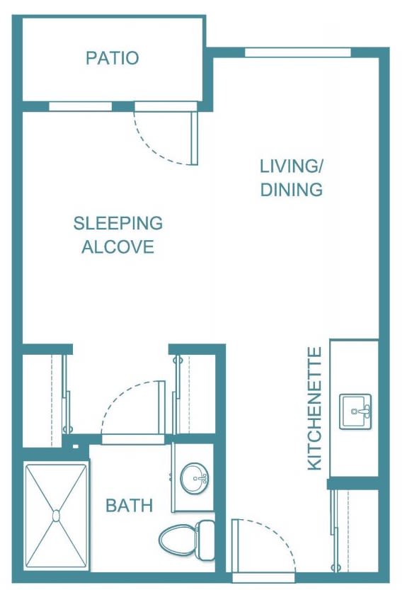 A floor plan of a studio apartment featuring a sleeping alcove, living/dining area, kitchenette, and bathroom.