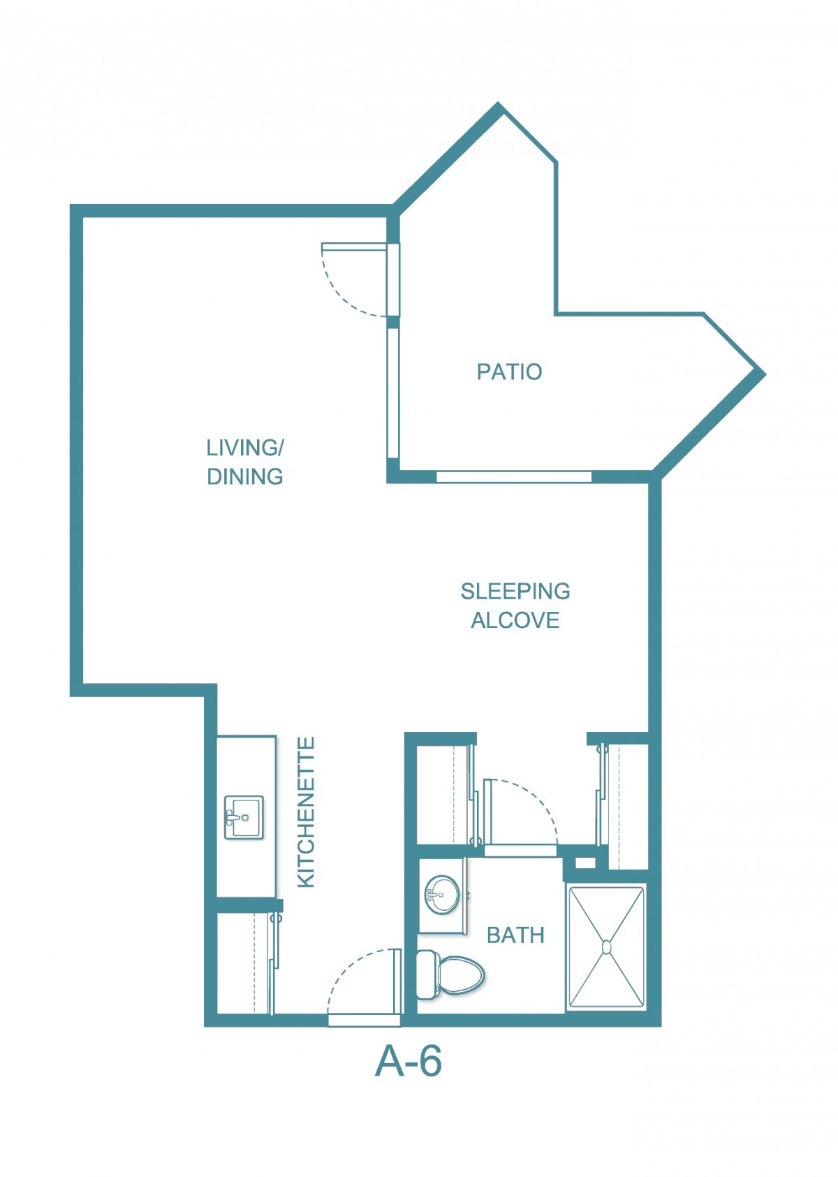 A floor plan of a small apartment with a living/dining area, sleeping alcove, patio, kitchen, and bathroom.