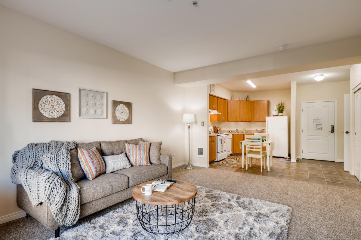 A cozy apartment living room with an adjacent kitchen, featuring a comfortable sofa, coffee table, and decorative accents.