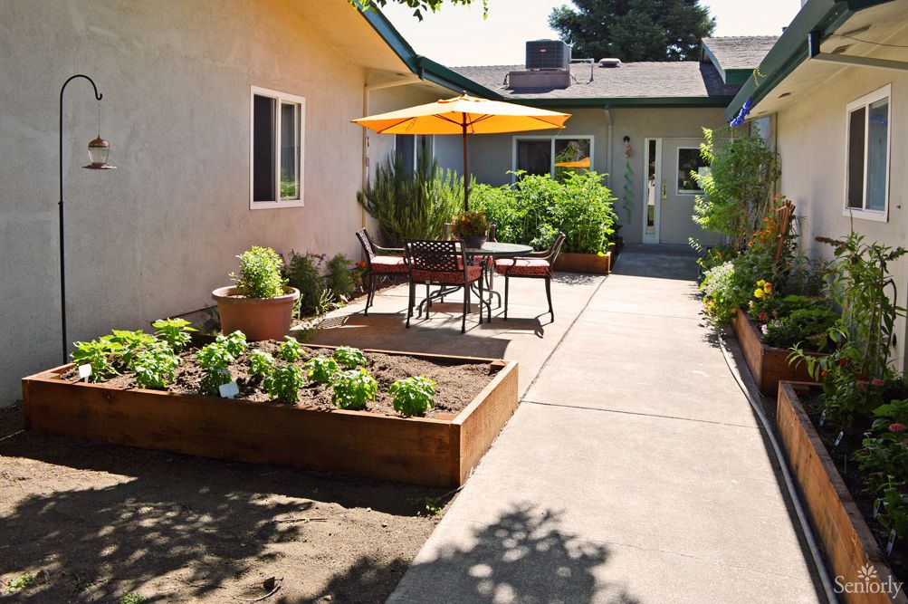 A cozy patio with garden beds and a dining area shaded by an umbrella.