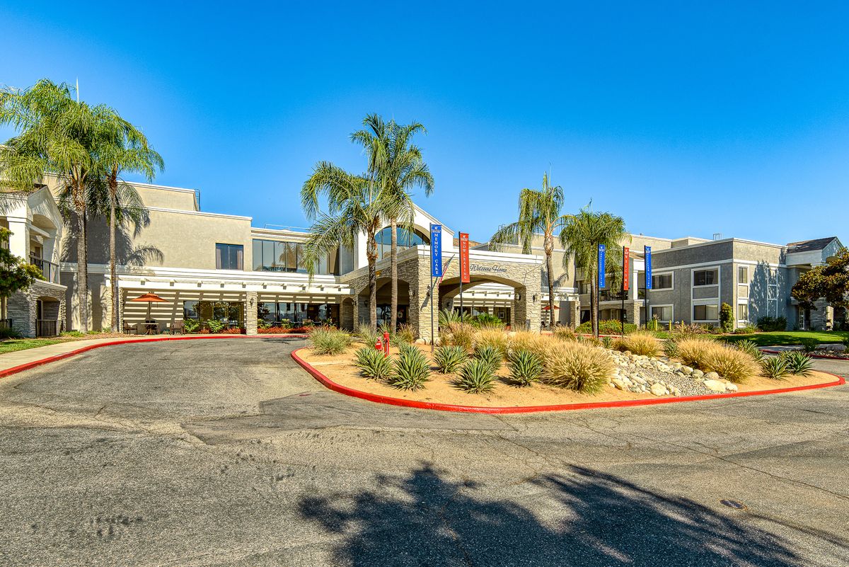 An exterior view of a hotel entrance surrounded by palm trees and landscaping under a clear blue sky.