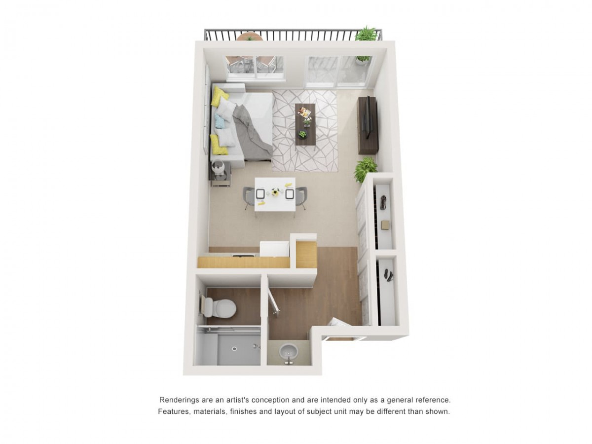 3D floor plan of a one-bedroom apartment featuring a kitchen, bathroom, and living area.