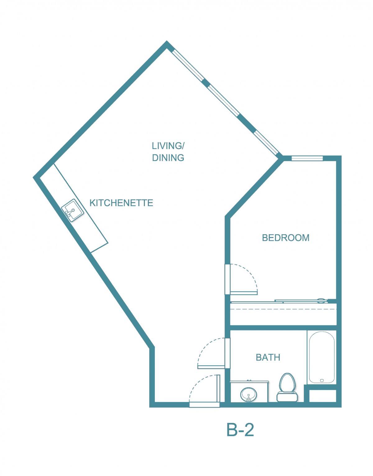 A floor plan of a one-bedroom apartment featuring a living area, kitchenette, bathroom, and bedroom.