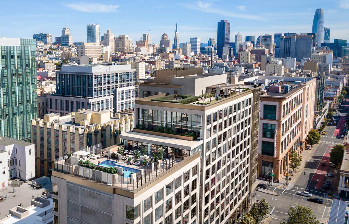 A bustling cityscape with modern architecture and a rooftop garden overlooking a vibrant urban skyline.