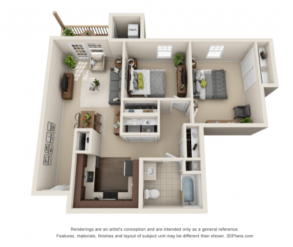 3D floor plan of a two-bedroom apartment with detailed interior design.