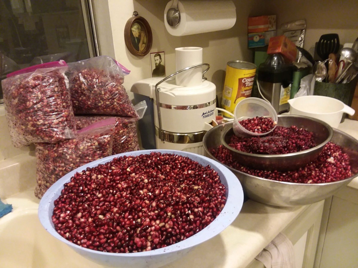 A kitchen countertop filled with bowls of pomegranate seeds and a juicer.