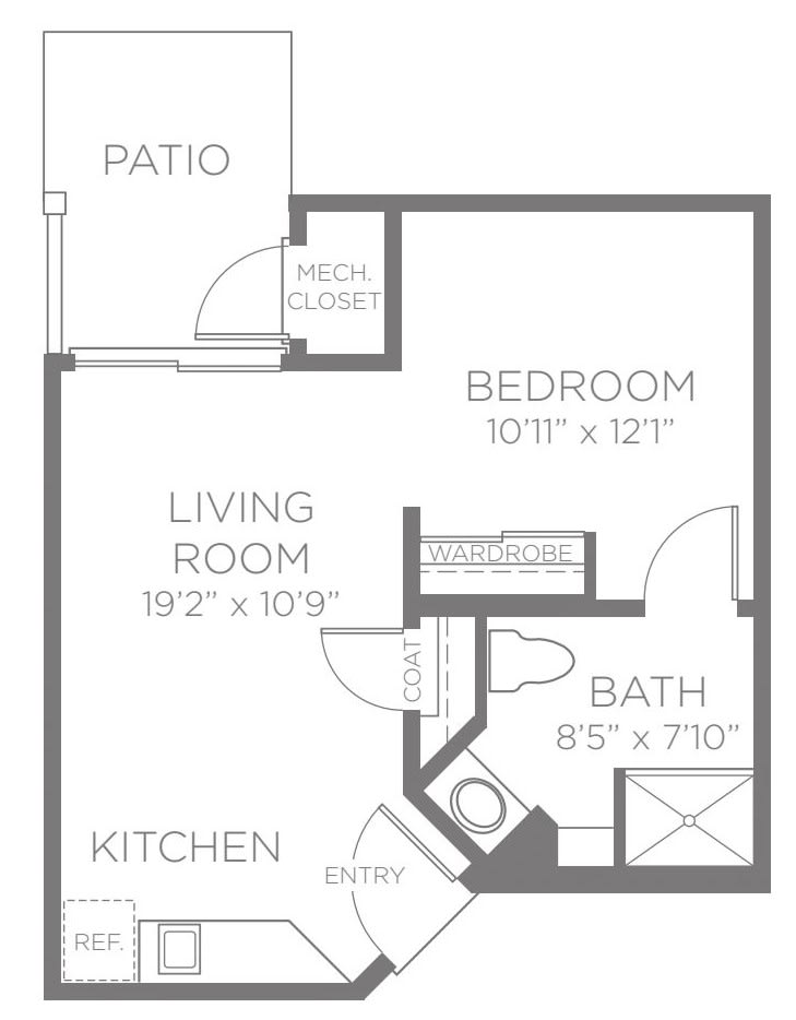 A floor plan of a one-bedroom apartment including a living room, kitchen, bathroom, and patio.