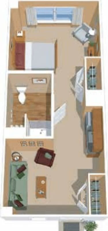 A 3D floor plan illustrating the layout of a small apartment.