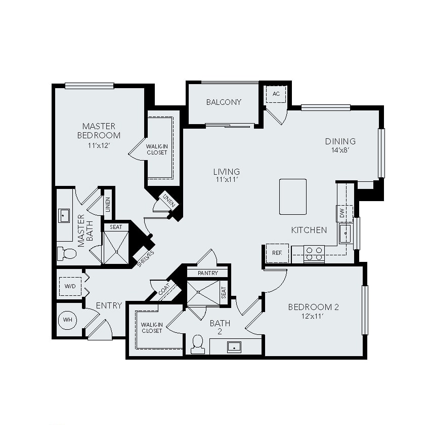 A detailed floor plan of a two-bedroom apartment, featuring a kitchen, living area, and bathrooms.
