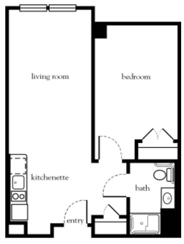 A simple floor plan of a one-bedroom apartment with a living room, kitchenette, and bathroom.