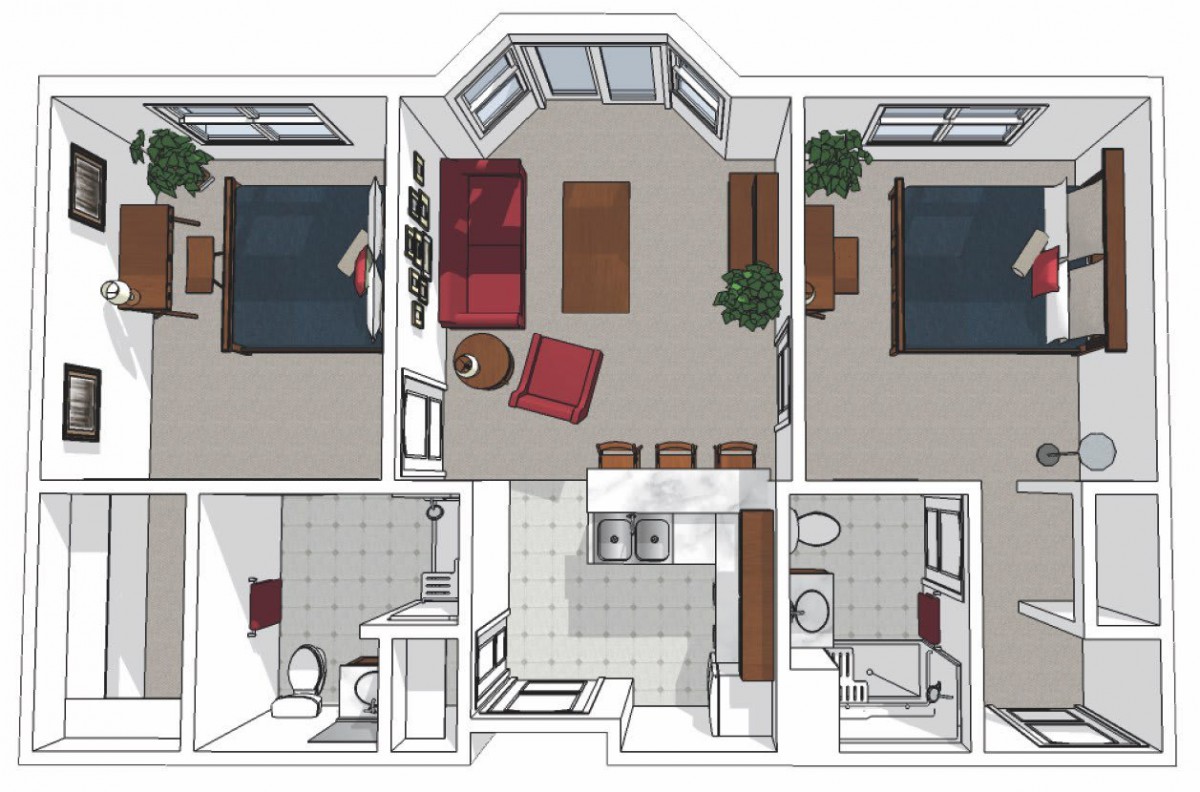 A 3D floor plan of an apartment showing the arrangement of rooms and furniture.