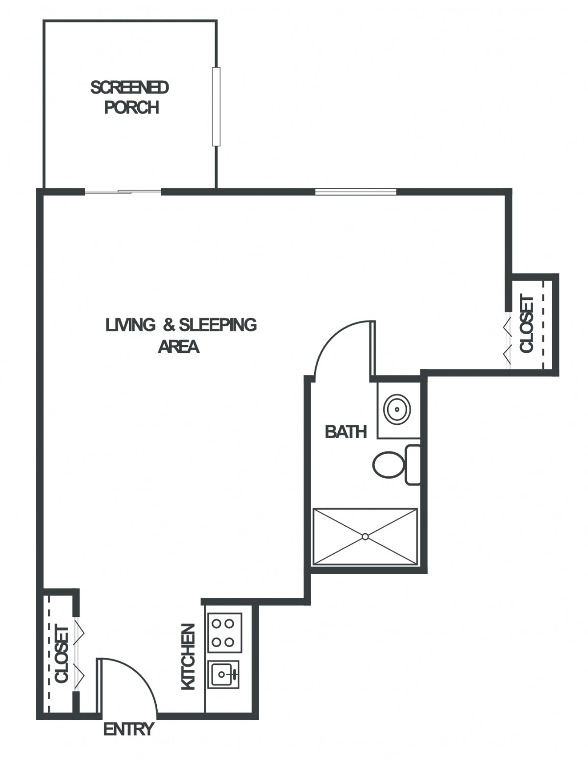 Floor plan of a studio apartment with a living and sleeping area, kitchen, and bathroom.