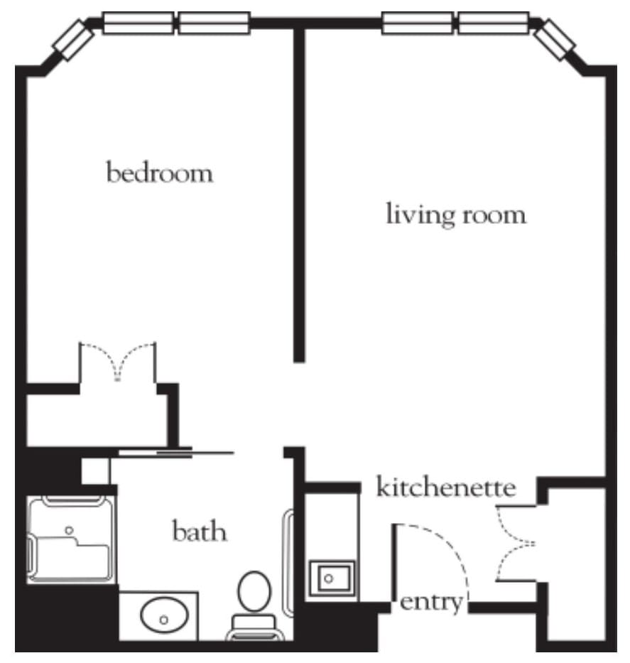 A simple floor plan of an apartment featuring a bedroom, living room, kitchenette, bathroom, and entryway.