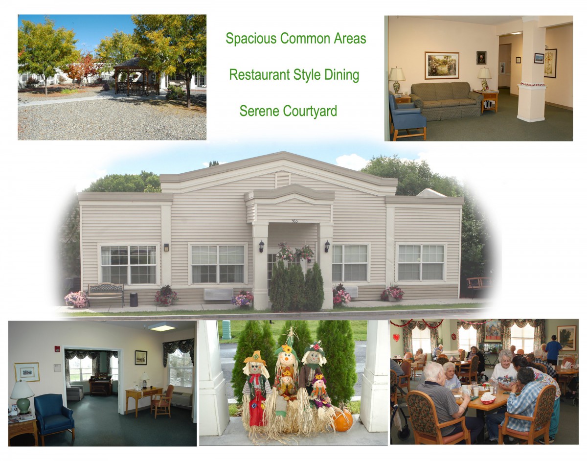 Images showcasing a retirement home's amenities, including spacious common areas, restaurant-style dining, and a serene courtyard.