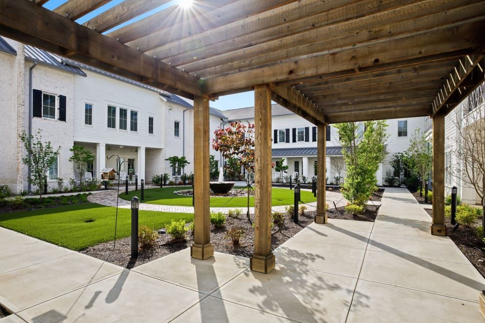 A modern courtyard with a wooden pergola and well-maintained landscaping.