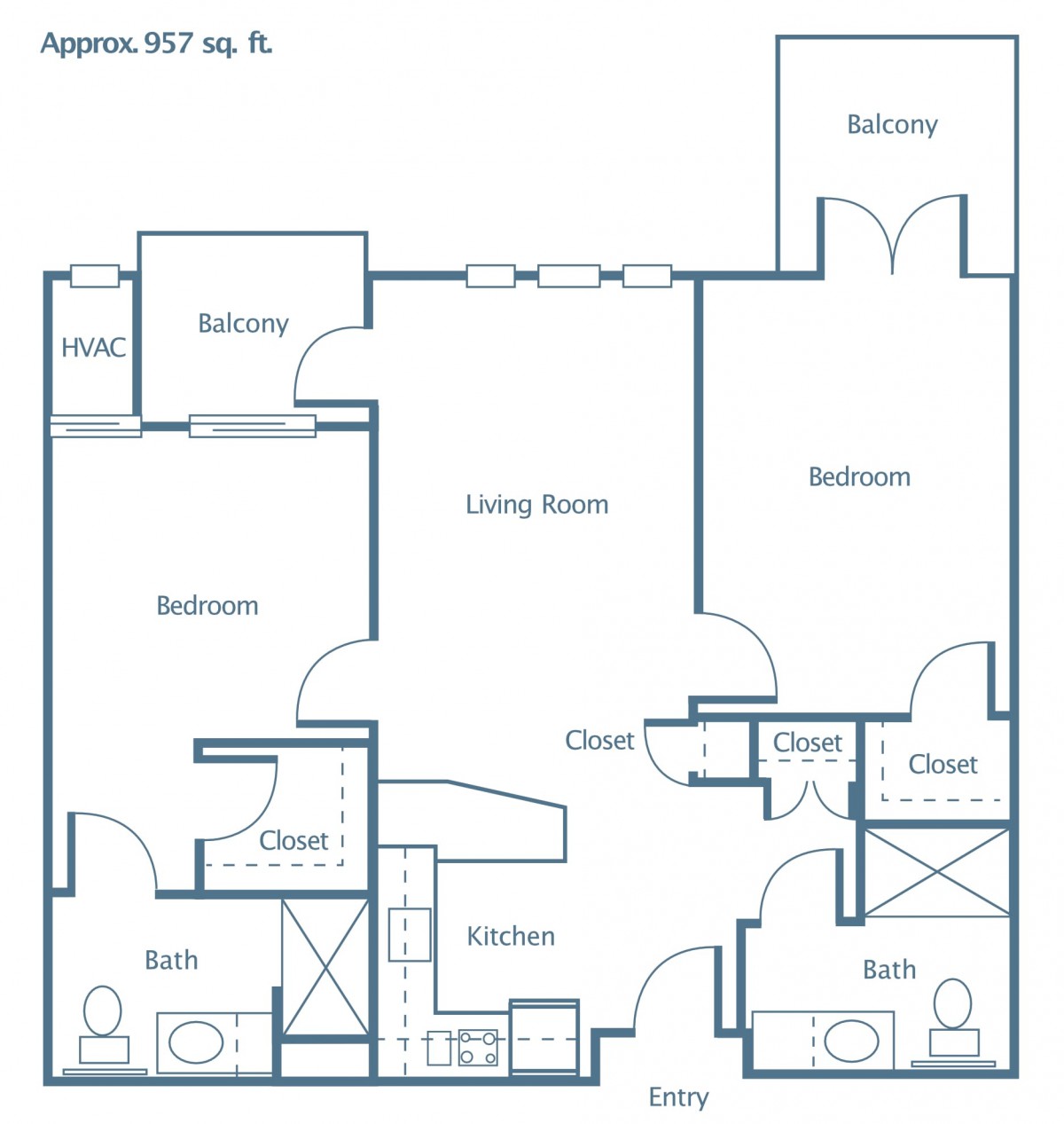 A floor plan of a two-bedroom apartment featuring a living room, kitchen, bathroom, and balconies.