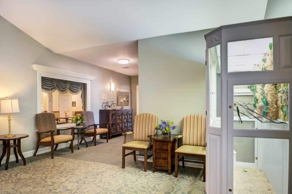 A cozy lobby with seating and tasteful decor.