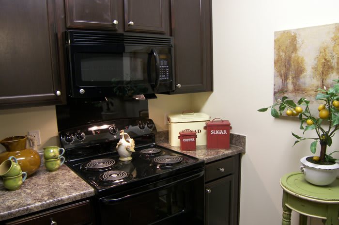 A cozy kitchen corner featuring a stove, microwave, and stylish decor.