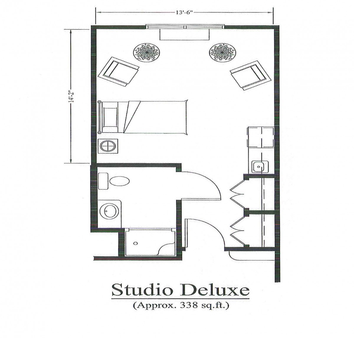 Floor plan of a Studio Deluxe apartment, approximately 330 sq. ft.
