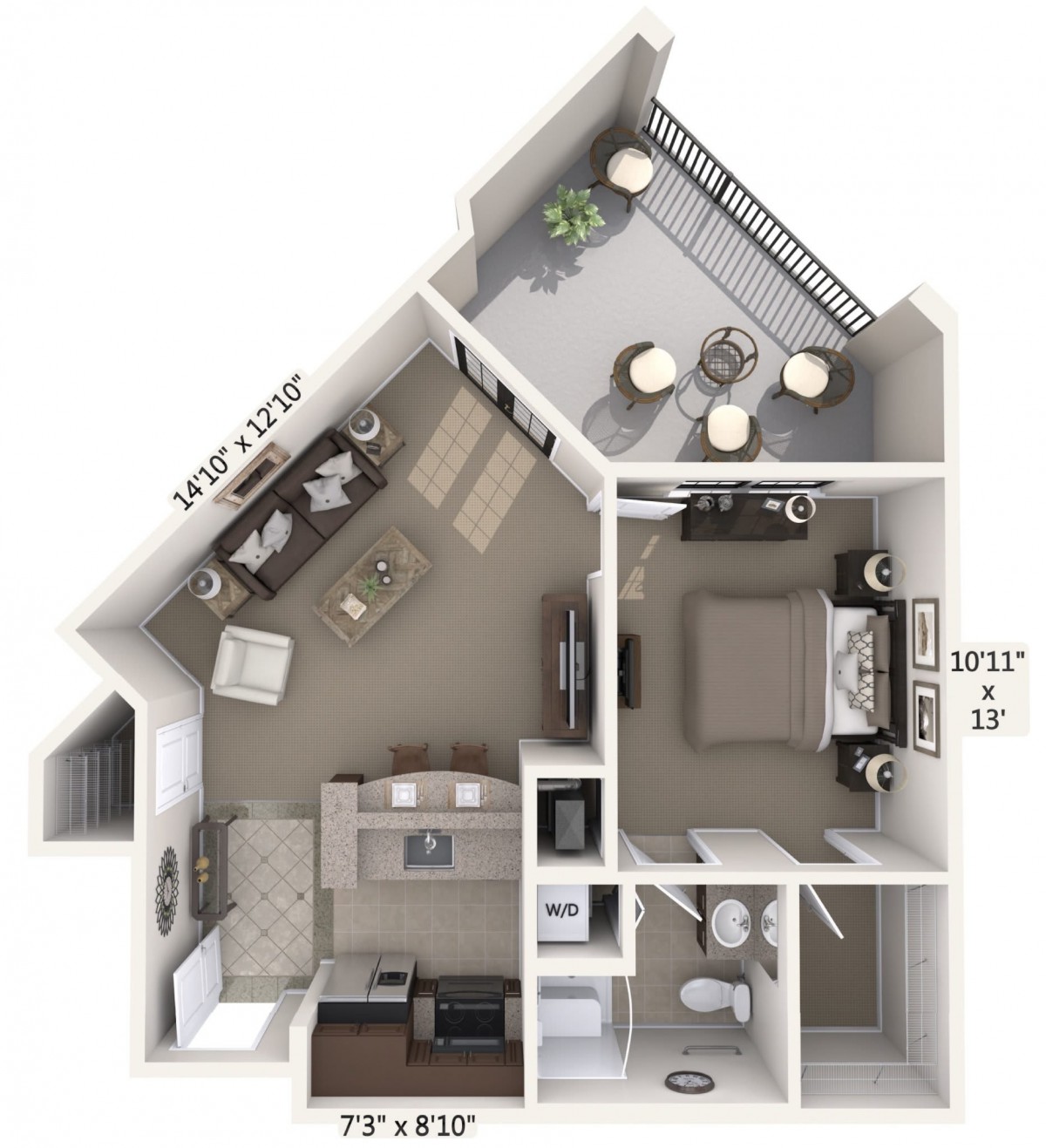 An overhead view of a one-bedroom apartment floor plan.