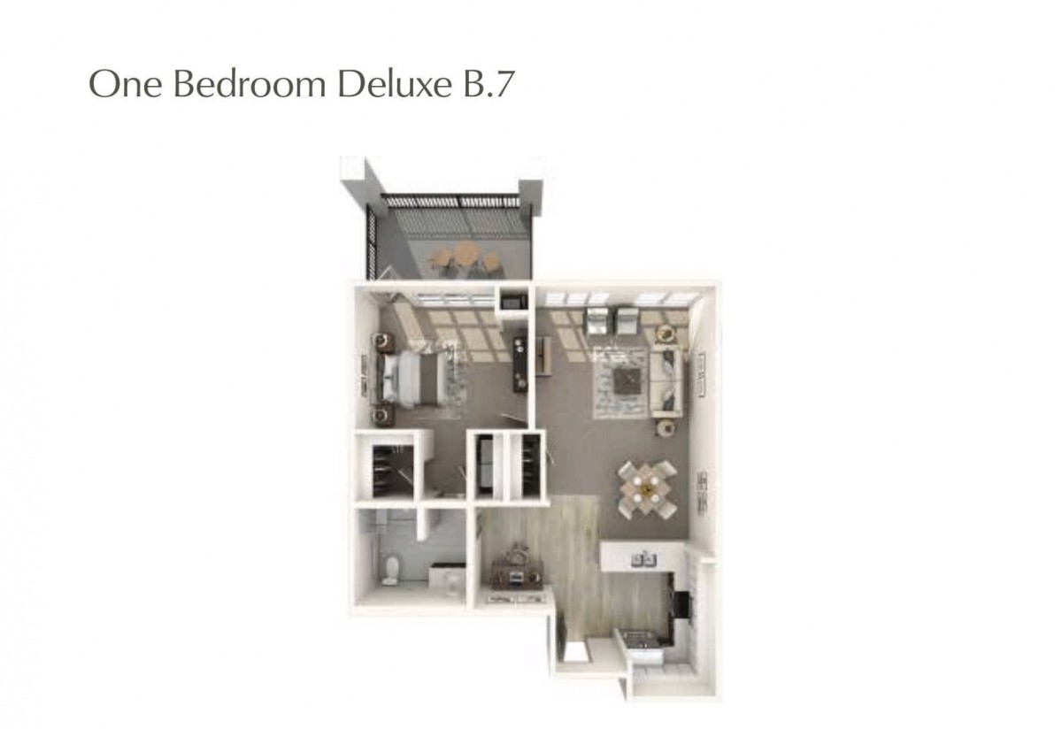 A detailed floor plan of a one-bedroom deluxe apartment, featuring a living room, kitchen, bathroom, and balcony.