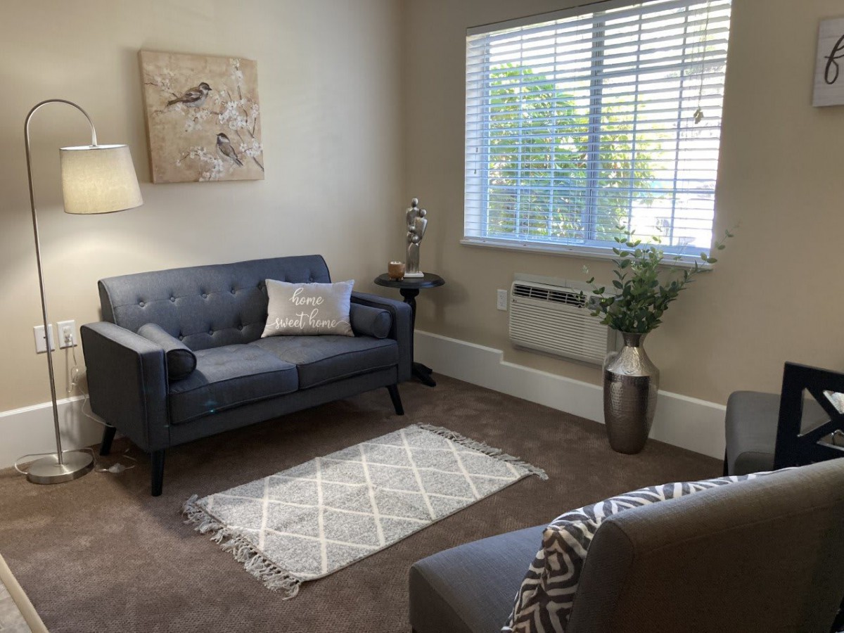 A cozy living room with modern decor, featuring a couch, armchair, and window letting in natural light.