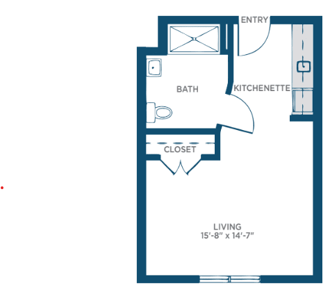 Studio apartment floor plan with kitchenette and living area.