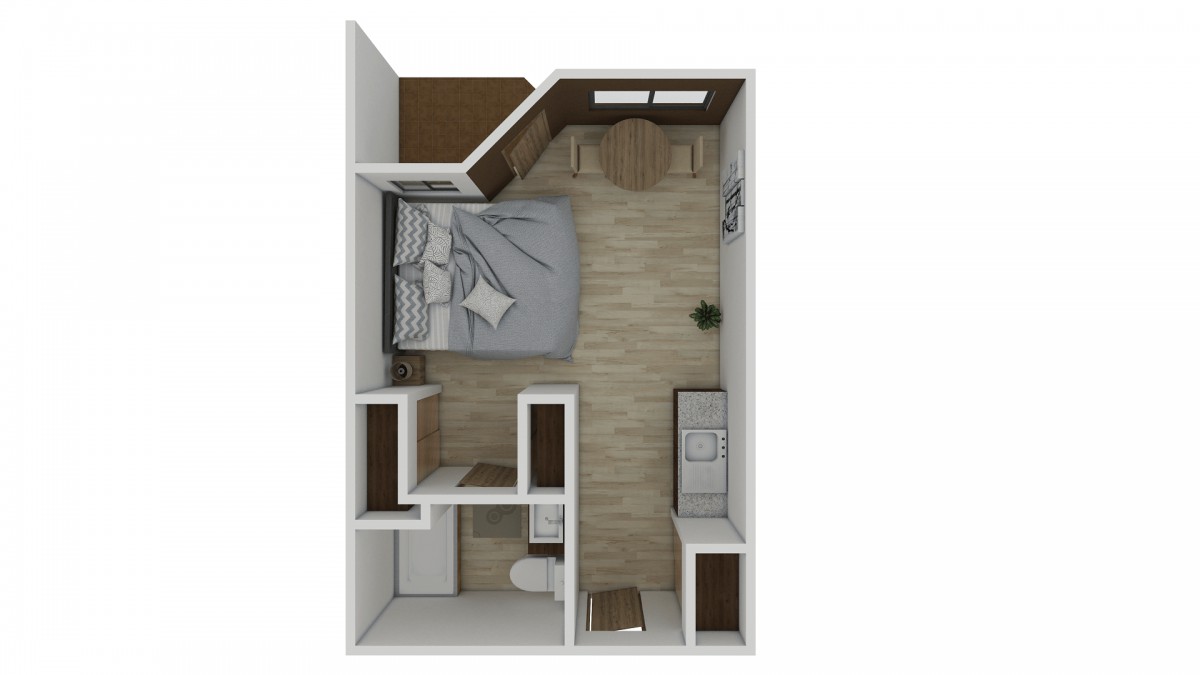 A 3D floor plan of a compact bedroom with an adjacent bathroom.