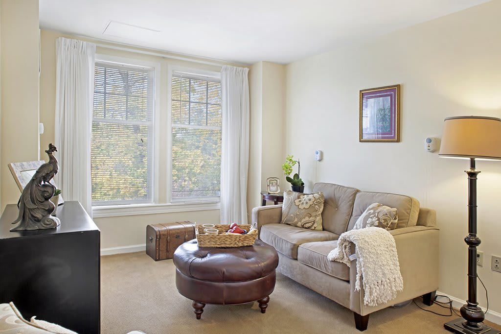 A cozy living room with a sofa and ottoman, featuring large windows that bring in natural light.