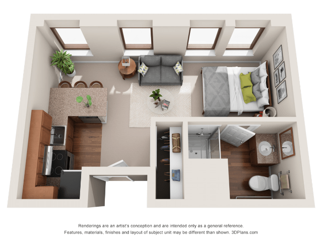 A 3D floor plan of a modern one-bedroom apartment, featuring a cozy living room, kitchen, and bathroom.