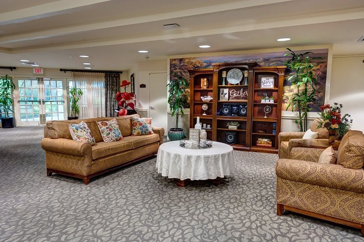 A cozy living room featuring comfortable sofas, a round coffee table with a lace cover, bookshelves filled with decor items, and indoor plants.