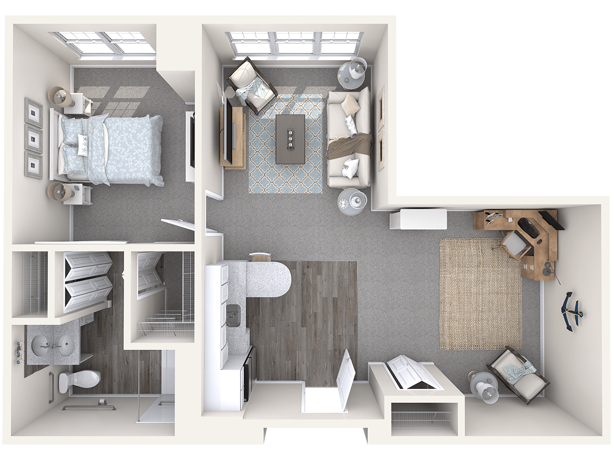 A modern one-bedroom apartment floor plan with a living room, kitchen area, and bathroom.