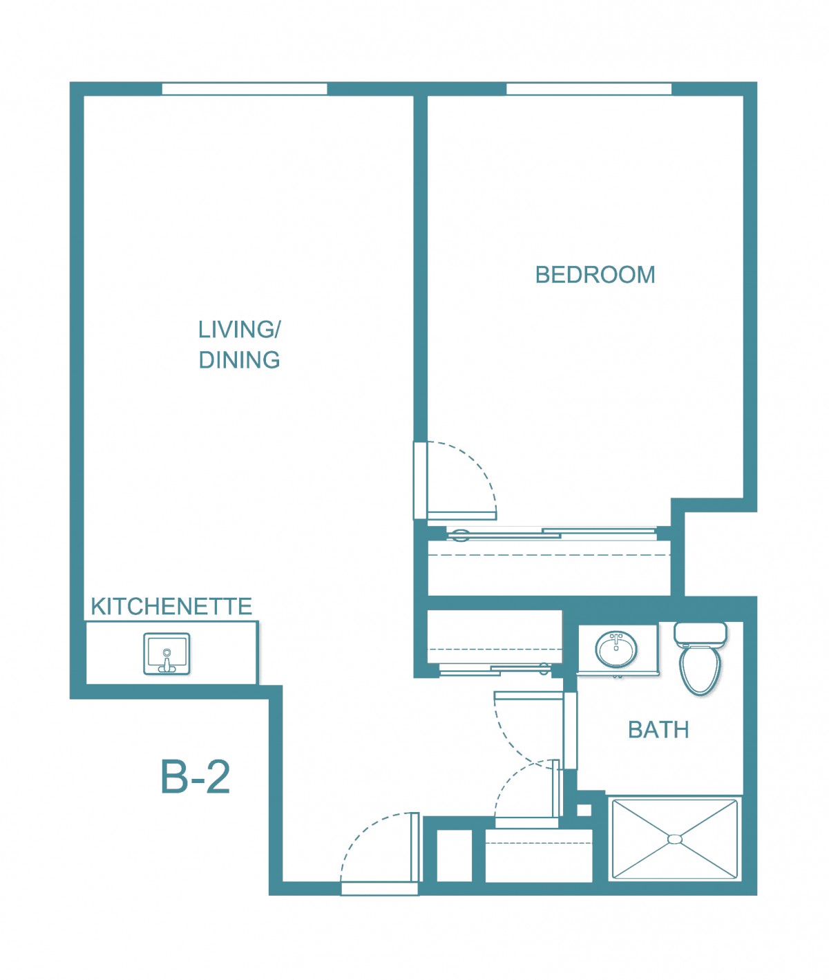 A blueprint of a one-bedroom apartment with a living area, kitchenette, and bathroom.