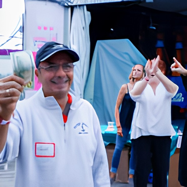 A man holding money at an outdoor event with people cheering in the background.