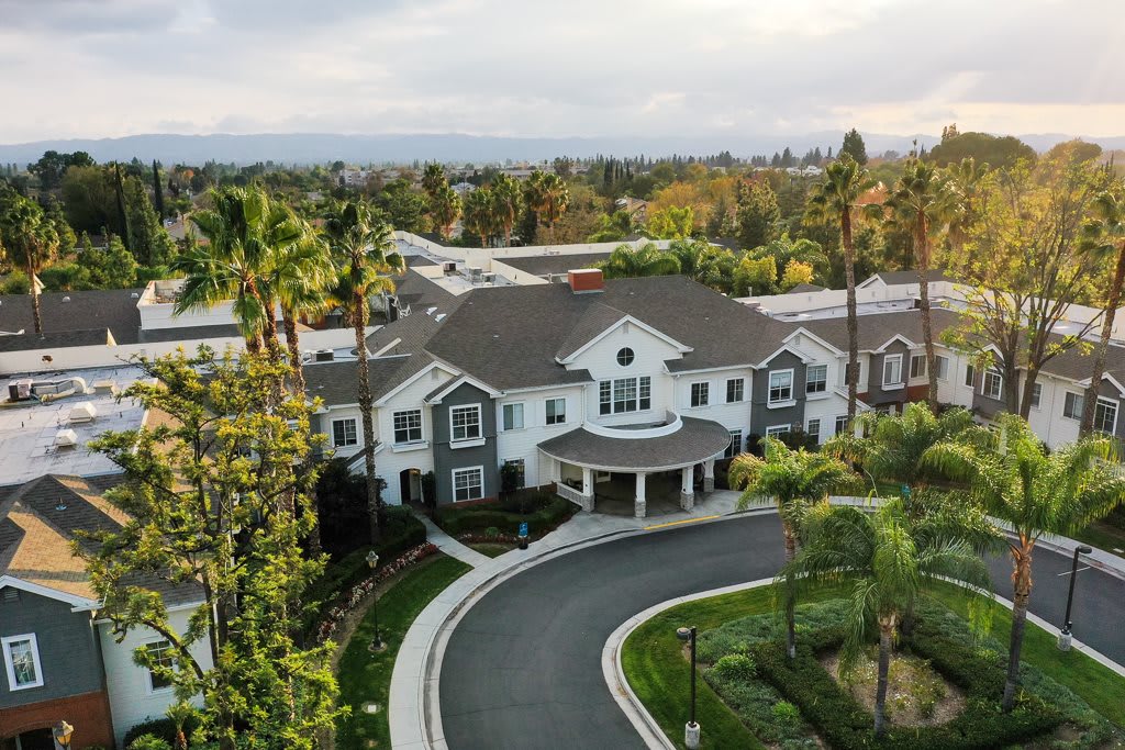 Aerial view of a large residential house with a curved driveway surrounded by palm trees and lush landscaping.