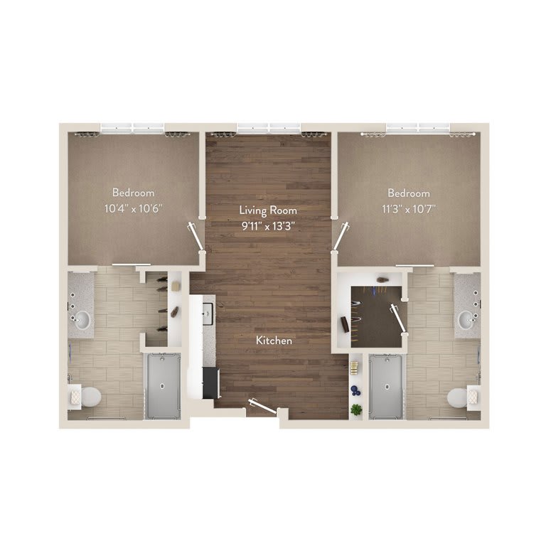 Two-bedroom apartment floor plan with living room, kitchen, and bathroom.