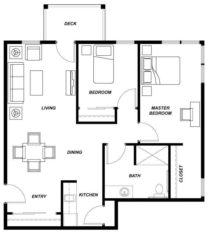A floor plan of a two-bedroom apartment featuring a living room, kitchen, dining area, master bedroom with en-suite bathroom, and additional bathroom.