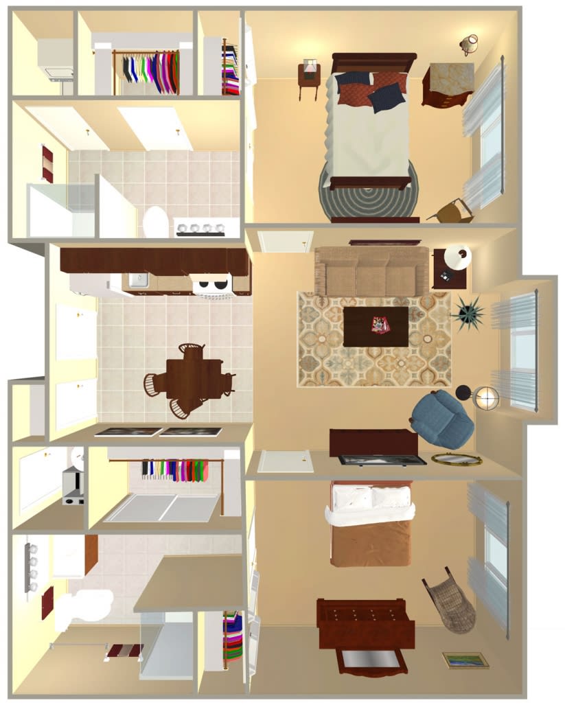 A detailed floor plan of an apartment showcasing the layout of rooms and furniture.