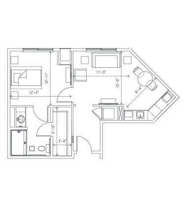 A detailed floor plan of an apartment, showcasing the layout of rooms and furniture placement.