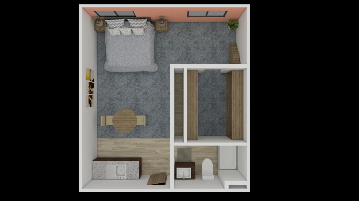 A detailed floor plan of a bedroom with furniture arrangement.
