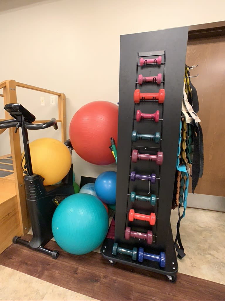 A collection of exercise equipment including dumbbells and exercise balls in a gym setting.