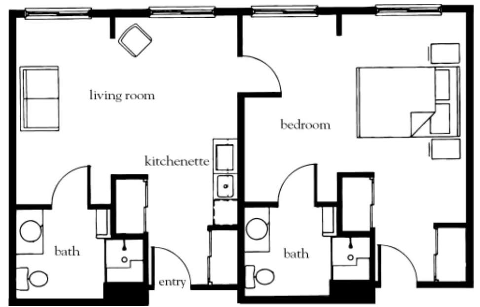 A floor plan of an apartment showing a living room, kitchenette, bedroom, bathroom, and entry.