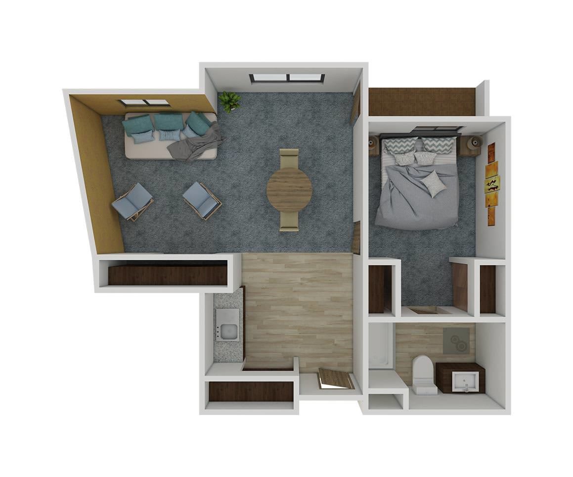 A top-down view of a one-bedroom apartment floor plan, featuring a living area, bedroom, kitchen, and bathroom.